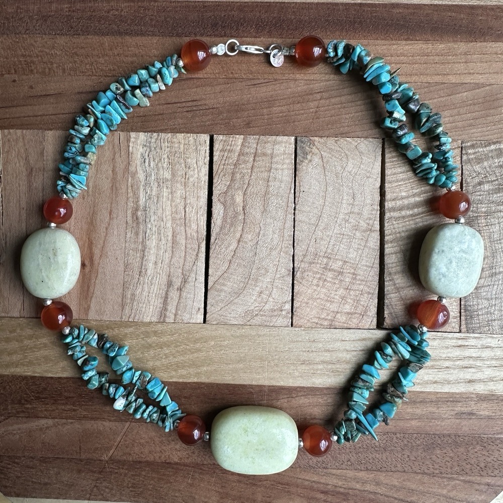 LJ Beaded Necklace 18 Inch Turquoise Carnelian Mutton Fat 925 Sterling 76.7g